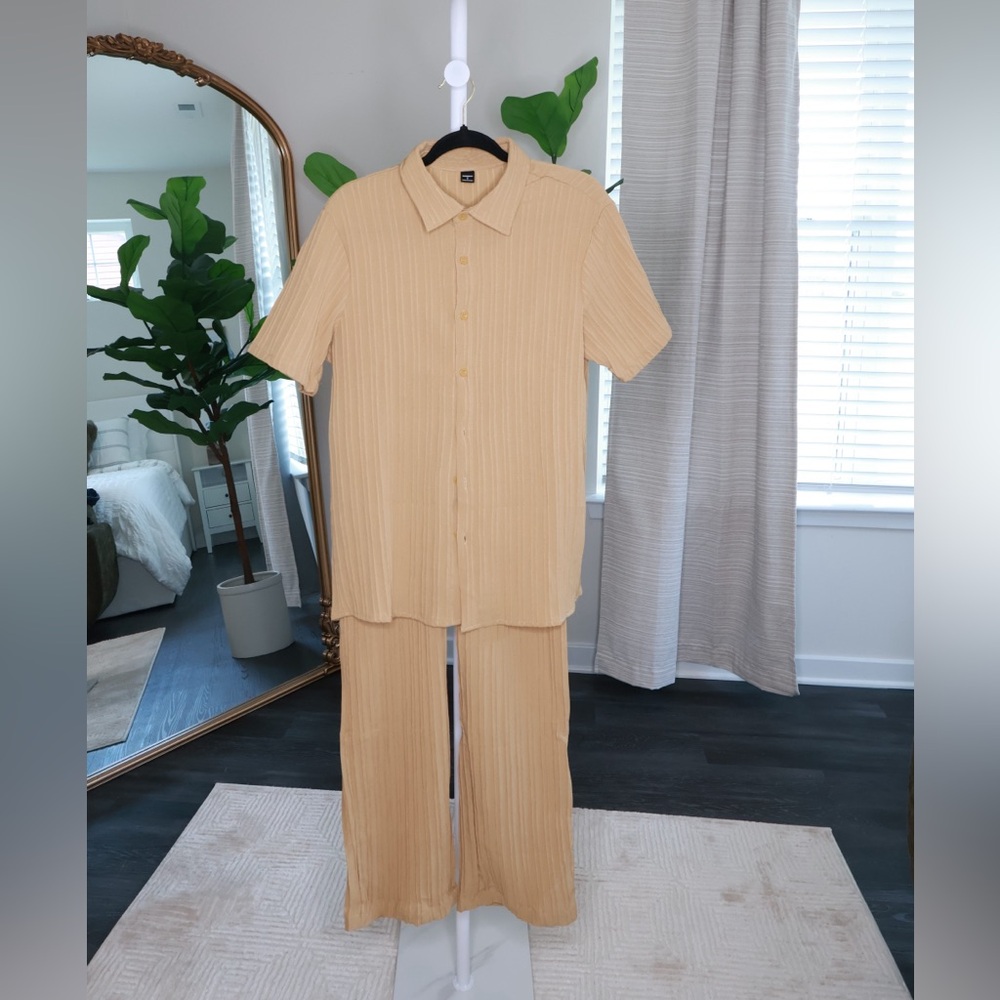 Men's Beige Short Sleeve Shirt and Pants Set